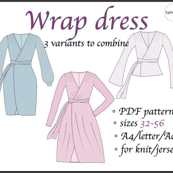 Wrap dress/blouse with sleeves | sizes 32-56| For knit/jersey fabrics | PDF pattern | Instant Download