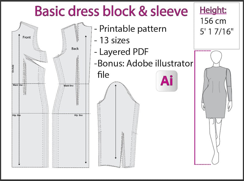 Dress Block Sewing Pattern: 13 Sizes, Fitted Design (PDF + AI) - Etsy