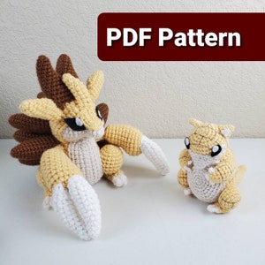 May include: Crochet pattern for a brown and yellow Pokemon character with a white spiky mane and a smaller brown and yellow Pokemon character with a brown and white striped shell. The pattern is available as a PDF download. PDF Pattern