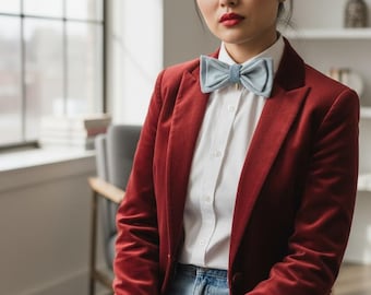 Unisex Denim Double Bow Tie with Metal Clip – 6 Inch Wide Handmade Accessory