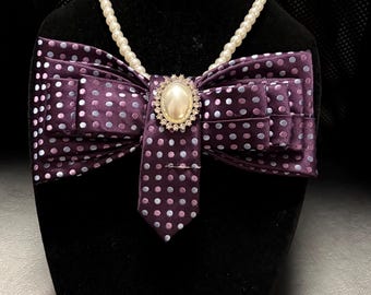 Purple Silk Polka-Dot Bow Tie Pearl Necklace and Pearl Rhinestone Brooch 7 inches wide