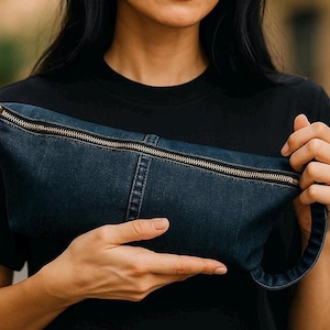 May include: A dark blue denim fanny pack with a gold zipper closure. The bag has a rectangular shape and a small handle on one side. The fanny pack is held by a person wearing a black t-shirt.