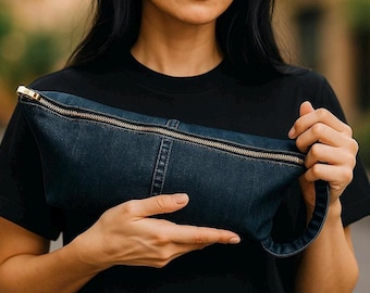 Blue Denim Handbag Top Zipper Side Strap Long Blue Jean Purse Or Makeup Bag