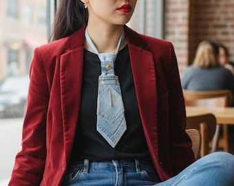 Blue Denim Pocket Necktie Necklace With Denim Tie-up