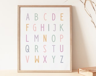 Pastell Alphabet Poster, Pastell Kinderzimmer Dekor, ABC Print, Pädagogisches Poster, Spielzimmer Wandkunst