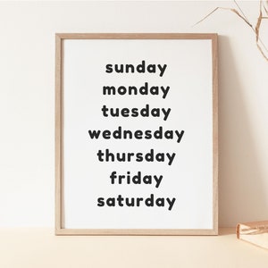 Days of the Week Poster, Educational Poster, Playroom Wall Art, Kids Room Decor