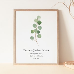 Personalized New Baby Gift, Eucalpytus Birth Details Print