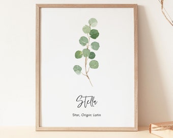 Custom Name Meaning Print, Eucalyptus Nursery Decor (PDF)