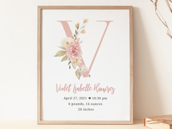Floral Birth Details Print, Personalized New Baby Gift, Birth Stats Poster