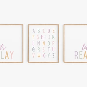 Set of 3 Prints, Pastel Playroom Wall Art, Alphabet Print, Let's Play, Let's Read, Educational Posters