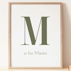 Impresión personalizada con nombre de bebé, póster con monograma verde salvia, regalo personalizado para bebé, M es para Mateo