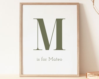 Impresión personalizada con nombre de bebé, póster con monograma verde salvia, regalo personalizado para bebé, M es para Mateo