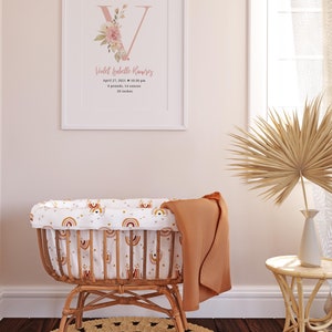 Pink floral monogram birth details print. Name written in cursive font. Print is in a white wooden frame.