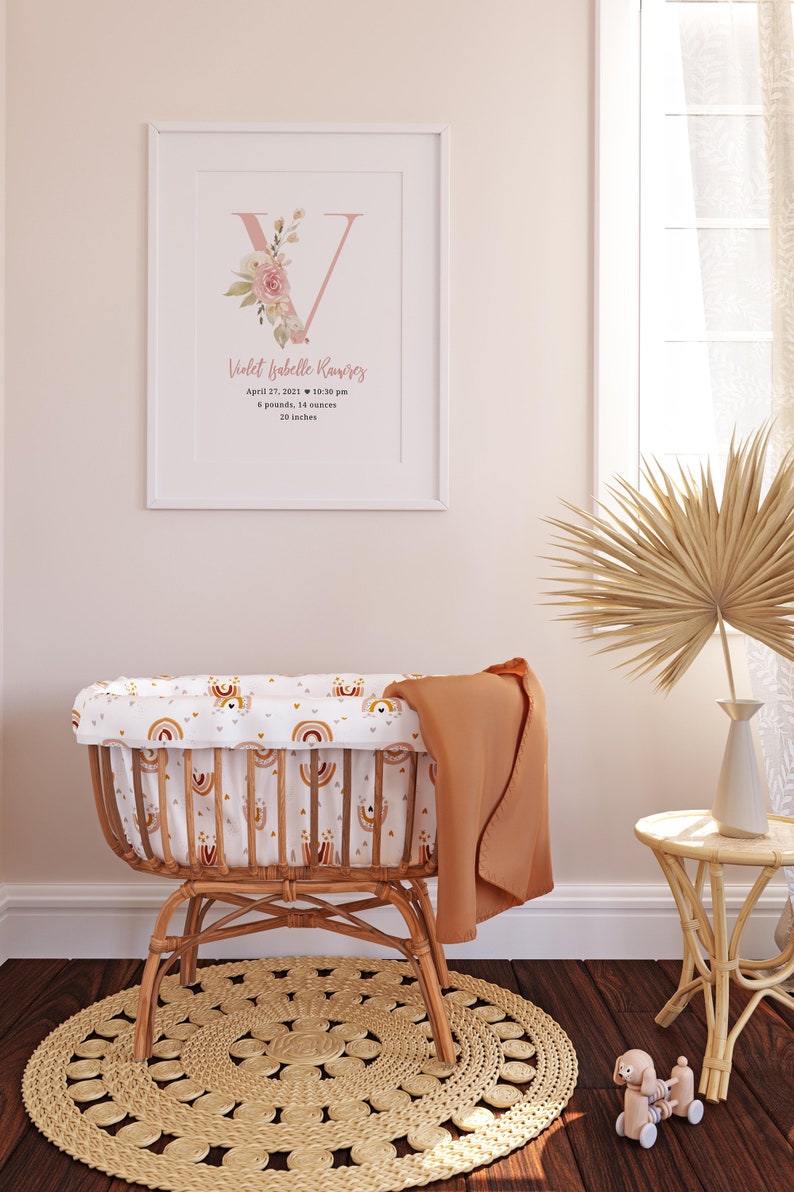 Pink floral monogram birth details print. Name written in cursive font. Print is in a white wooden frame.