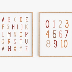 Set of 2 Prints, Terracotta Alphabet Poster, Boho Number Poster, Terracotta Nursery Print, Neutral Nursery Wall Art