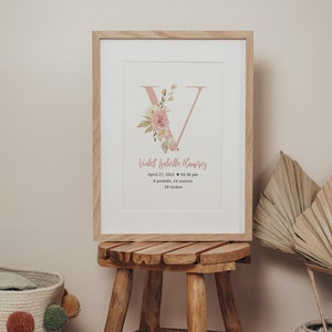 Pink floral monogram birth details print. Name written in cursive font. Print is in a natural wooden frame.