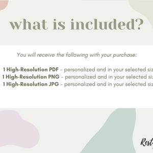 Może przedstawiać: Tekst na białym tle z jasnozielonym i r&oacute;żowym abstrakcyjnym wzorem. Tekst brzmi "what is included?" i "You will receive the following with your purchase: &bull; 1 High-Resolution PDF - spersonalizowany i w wybranym przez Ciebie rozmiarze &bull; 1 High-Resolution PNG - spersonalizowany i w wybranym przez Ciebie rozmiarze &bull; 1 High-Resolution JPG - spersonalizowany i w wybranym przez Ciebie rozmiarze" oraz "Restore Joy Designs".