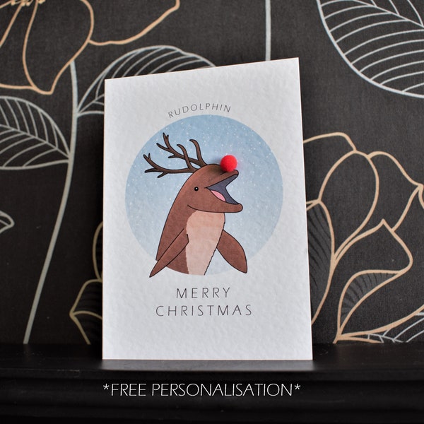 A6 'Rudolphin' Personalised Illustrated Animixtures Rudolph Dolphin Reindeer Character Pun Xmas Greeting Christmas Card – Benefits Charity