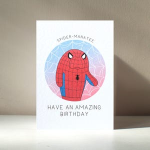 Biglietto d'auguri di compleanno con gioco di parole divertente, personalizzato con "Lamantino Ragno" in formato A6, supereroe e animale, in beneficenza