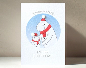 A6 &#39;Snowmanatees&#39; Personalisierte illustrierte Animixtures Tier Schneemann Manatee Charakter Wortspiel Weihnachten Weihnachtsgruß - Vorteile Wohltätigkeit