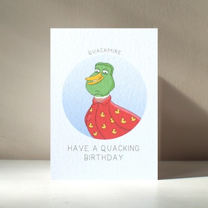Biglietto d'auguri di compleanno e anniversario personalizzato "Quackmire" con personaggio di anatra e gioco di parole, in formato A6 - Benefici di beneficenza