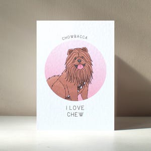 Biglietto d'auguri d'amore personalizzato "Chowbacca" in formato A6 con cucciolo di cane Chow illustrato, per anniversario e San Valentino - Benefici di beneficenza
