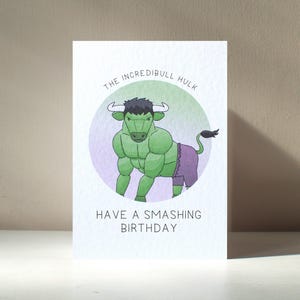 Biglietto d'auguri di compleanno personalizzato con illustrazione di un animale, personaggio del supereroe "The Incredible Bull Hulk" in formato A6 - Benefici di beneficenza