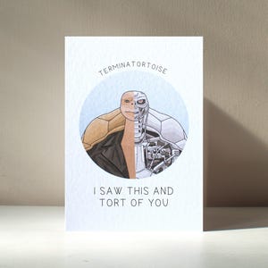 Biglietto d'auguri di compleanno divertente con personaggio di tartaruga robot cyborg macchina personalizzato "Terminatortoise" in formato A6 - Benefici di beneficenza
