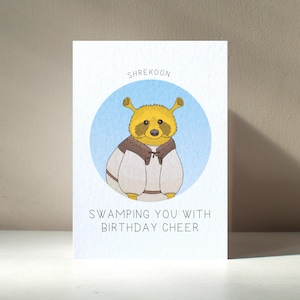 Biglietto d'auguri personalizzato "Shrekoon" in formato A6, con procione verde, orco della palude, fiaba, animale divertente, compleanno, anniversario, amore - Benefici di beneficenza