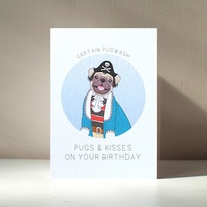 Biglietto d'auguri personalizzato "Pug wash" in formato A6, con cucciolo di carlino, pirata, divertente e carino, per anniversario, compleanno e amore - Benefici di beneficenza