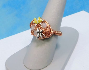 One of a Kind Wire Wrapped Rose Quartz Ring with Dragonfly and Mother of Pearl Flower, Wire Ring for Birthday Present or Christmas Gift