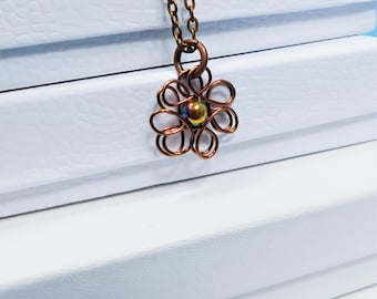 Copper Wire Sculpted Flower Pendant Necklace, Simple Gift for Women, Artistic Jewelry Birthday Present for Wife or Best Friend Gift