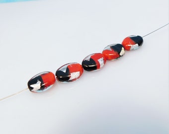 Red and Black Fused Glass beads 15mm Oval shaped Beads with large 3mm hole (5 Beads)