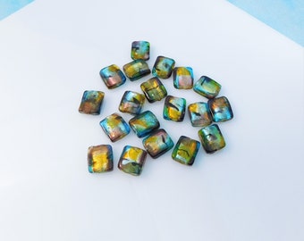 Yellow Green and Blue Fused Glass beads 16 mm Rectangle shaped Beads with large 3mm hole (19 Beads)