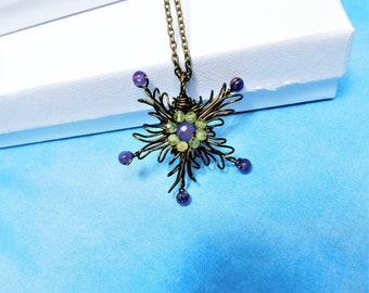 Copper Wire Sculpted Flower Pendant Necklace, Simple Gemstone Necklace with Amethyst and Peridot, Artistic Jewelry Christmas Present for Her