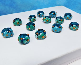 14 mm  X 8 mm Rondell Shaped Blue and Green  Lampwork Glass Flower Bead 13 total Beads