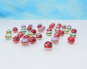 8 mm Round Beads, Red Purple and Green Crackle Glass Beads 38 total Beads