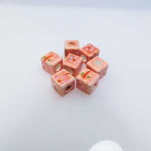 Rose Pink 10 mm Painted Glazed Ceramic Cube Beads with large 5mm hole (7 Beads)