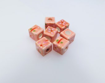 Rose Pink 10 mm Painted Glazed Ceramic Cube Beads with large 5mm hole (7 Beads)