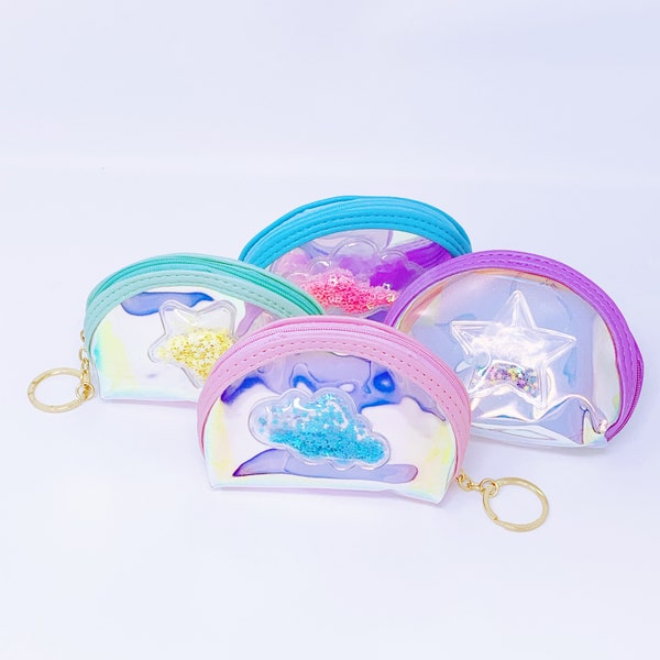 Holographic Transparent Zipper Coin Pouch Bag Mini Star/Cloud Change Purse with Key Chain Clip