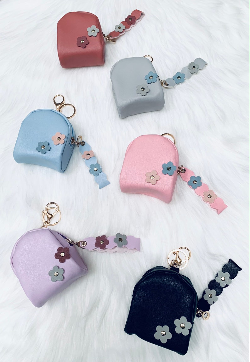Mini Backpack Coin Pouch/purse Keychains Faux Leather Punch Flowers 2pc
