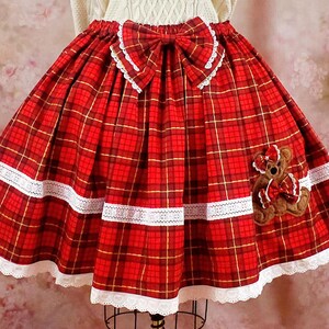 Sweet Lolita Skirt - Teddy Bear Red Tartan Plaid Fabric - Kawaii Fashion, EGL, JFashion - Full Knee Length Ruffled Skirt - Plus Size 2X-3X