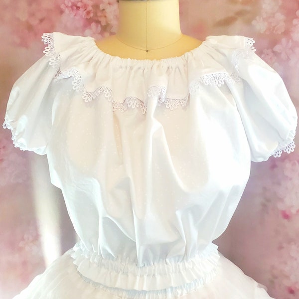 Sweet Lolita Blouse - Kawaii Style Top - Cute Fashion, JFashion - Cotton & Lace Gathered Peasant Blouse - Puff Sleeve Shirt - Plus Sizes!