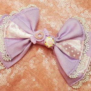 Candy Hair Bow Clip - Sweet Lolita, Kawaii, Pastel or Fairy Kei Hairclip - Cute Lilac Purple Dessert Hairbow with Polka Dot Ribbon and Lace