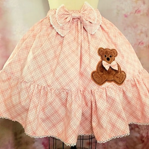 Plaid Bear Lolita Skirt Tartan Check rose ou bleu Teddy Bear Design Classic, Sweet, Kawaii Fashion Full Skirt Plus Size Friendly image 1