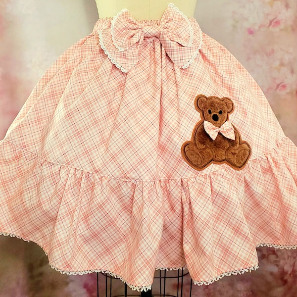 Plaid Bear Lolita Skirt - Pink or Blue Tartan Check - Teddy Bear Design - Classic, Sweet, Kawaii Fashion - Full Skirt - Plus Size Friendly