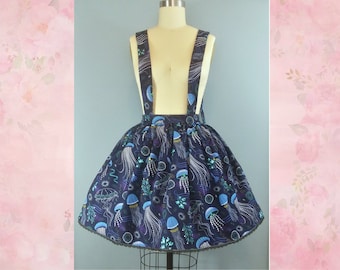 Jellyfish Suspender Skirt - Navy Blue Jumper Skirt - Lolita or Retro - Sea Creatures Print - Plus Size Friendly