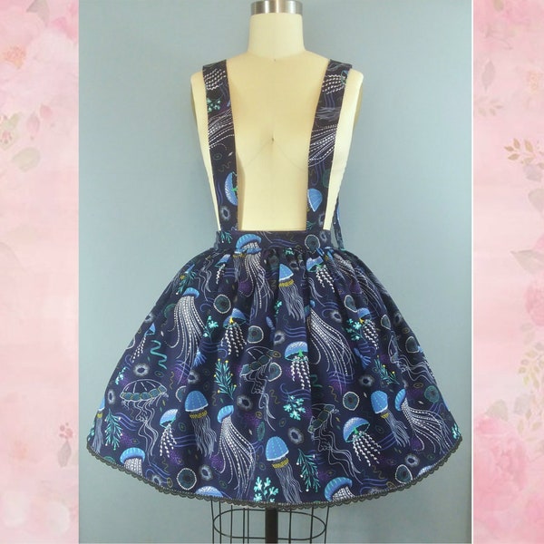 Falda colgante de medusa - Falda de jersey azul marino - Lolita o Retro - Estampado de criaturas marinas - Plus Size Friendly