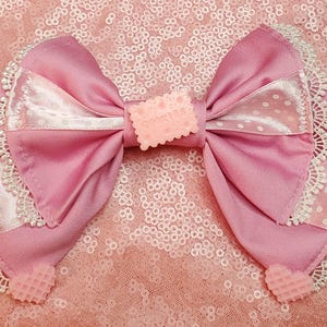 Cookie Hair Bow Clip - Sweet Lolita, Kawaii, Pastel or Fairy Kei Hairclip - Cute Pink Dessert Hairbow with Polka Dot Ribbon and Lace