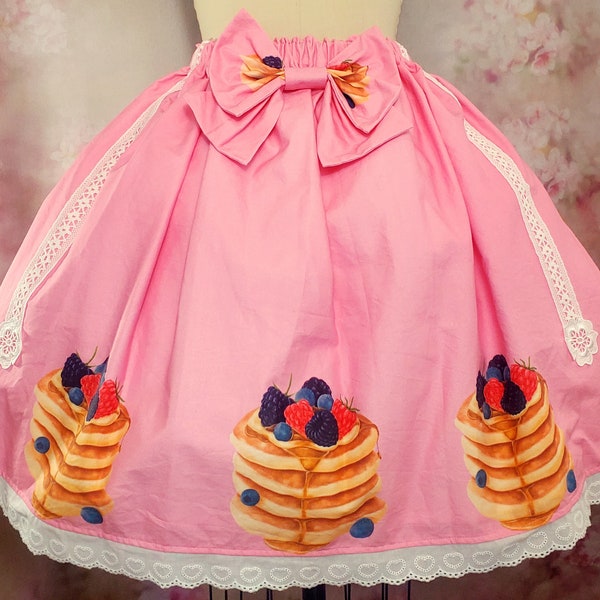 Jupe Sweet Lolita - Impression de crêpes mignonnes - Mode Kawaii, Pastel Kei, Otome, Jfashion - Impression de nourriture mignonne - Plusieurs couleurs - Taille plus !